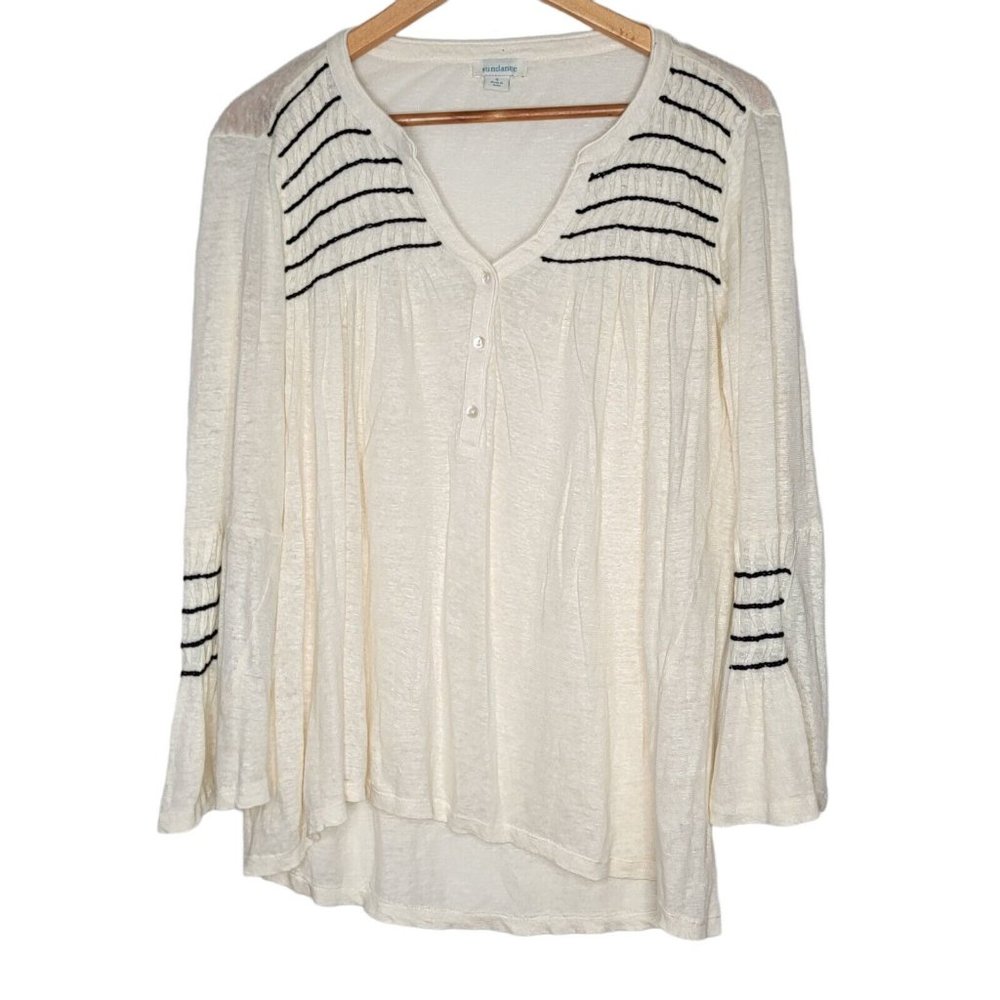 Sundance Small Linen Cream / Black Fluent Henley Bell Sleeve Embroidered‎ Top